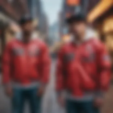 A vibrant street scene with individuals wearing Mitchell and Ness Bulls jackets