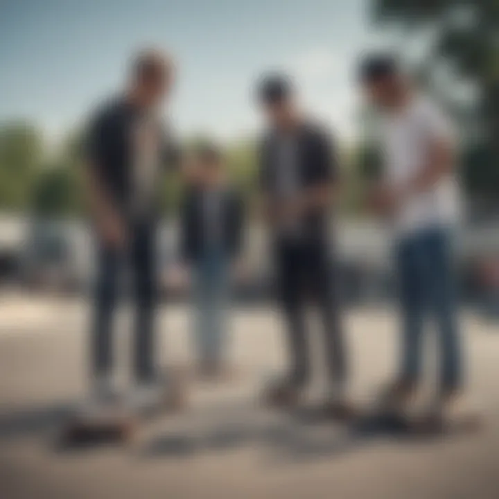 A group of enthusiasts discussing Kaly electric skateboards in a skate park