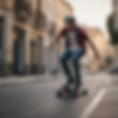 A rider demonstrating the performance of a Kaly electric skateboard on an urban street