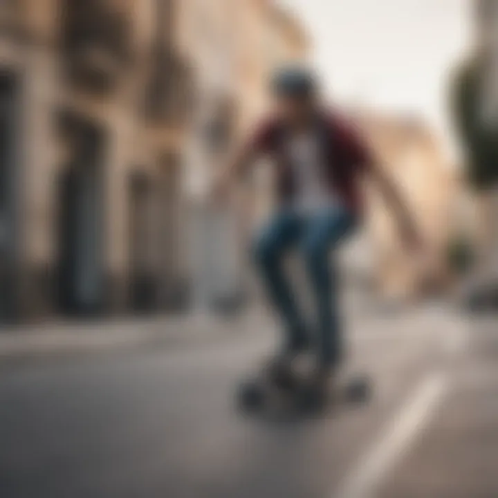 A rider demonstrating the performance of a Kaly electric skateboard on an urban street