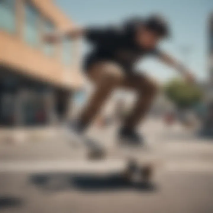 A close-up of a skateboarder in action, showcasing urban streetwear