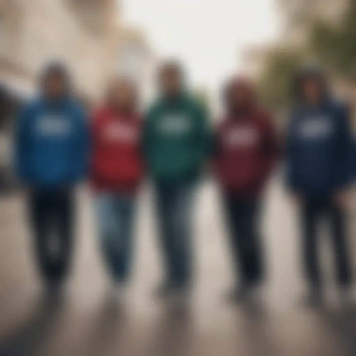 A group of skateboarders wearing Lee hoodies in an urban setting.