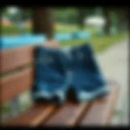 A stylish pair of loose fit jean shorts on a wooden bench