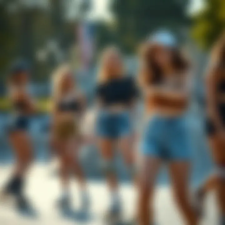 Empowerment in Skating: Women Embracing Loose Fitting Shorts A group of female skaters in a skate park, all confidently wearing loose fitting shorts.