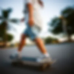 A close-up of a skateboarder wearing loose fitting shorts, showcasing the comfort and freedom of movement.