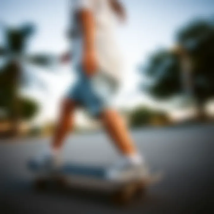 Comfort in Motion: Loose Fitting Shorts in Skateboarding A close-up of a skateboarder wearing loose fitting shorts, showcasing the comfort and freedom of movement.