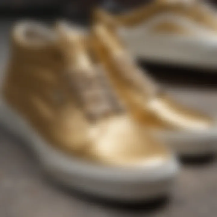 Close-up view of metallic gold Vans showcasing texture and design