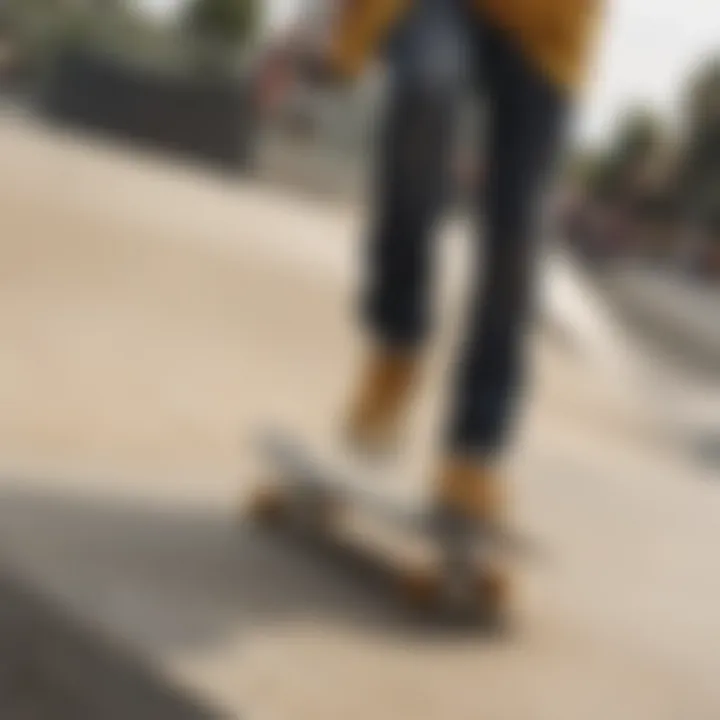 Skateboarder wearing metallic gold Vans in action at a skate park