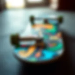 A close-up view of a mini skate deck showcasing intricate artwork and design.