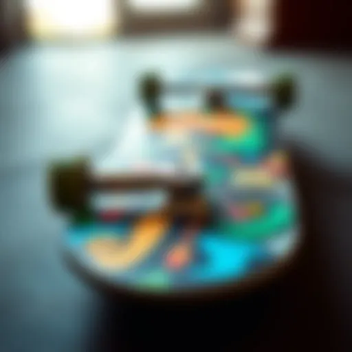 A close-up view of a mini skate deck showcasing intricate artwork and design.