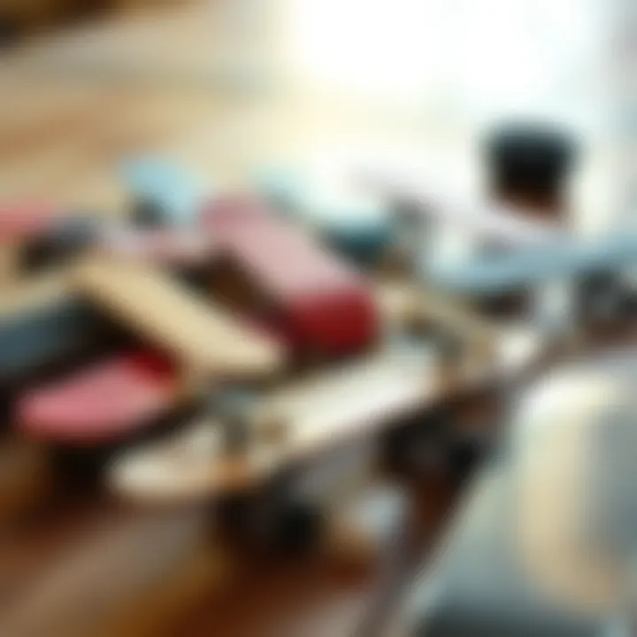 An assortment of materials used in the construction of mini skate decks.