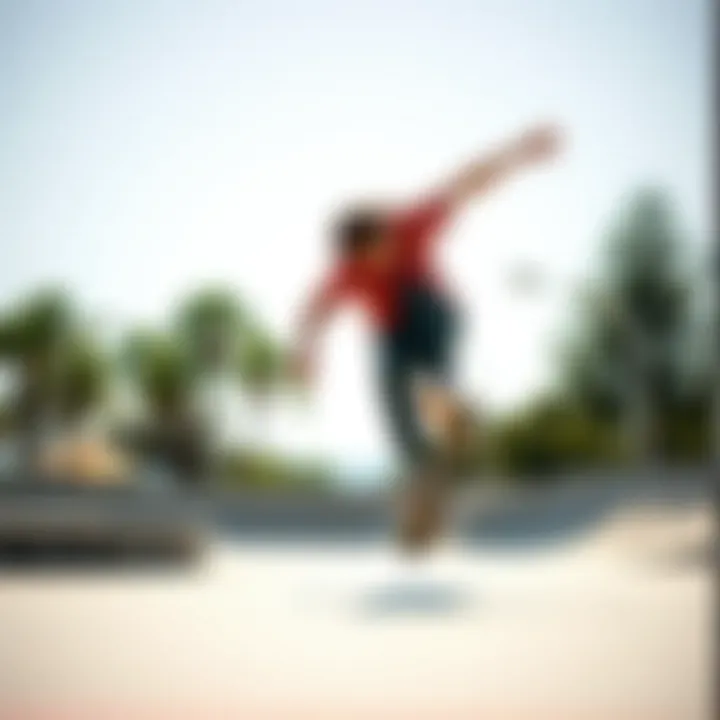 A skateboarder performing tricks with a mini deck in a skate park.