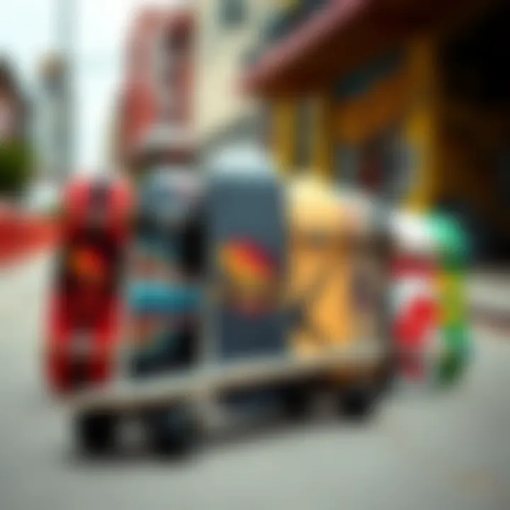 A variety of mini skate decks displayed on a vibrant urban background.