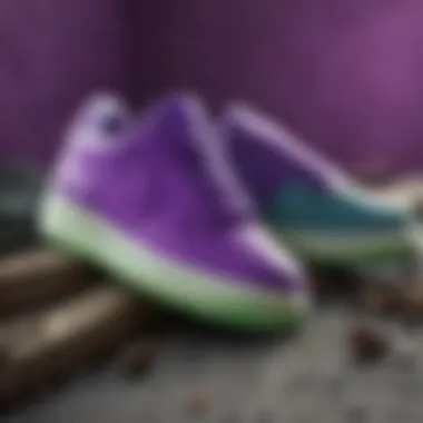 Stylish Nike shoes showcasing vibrant purple and green colors