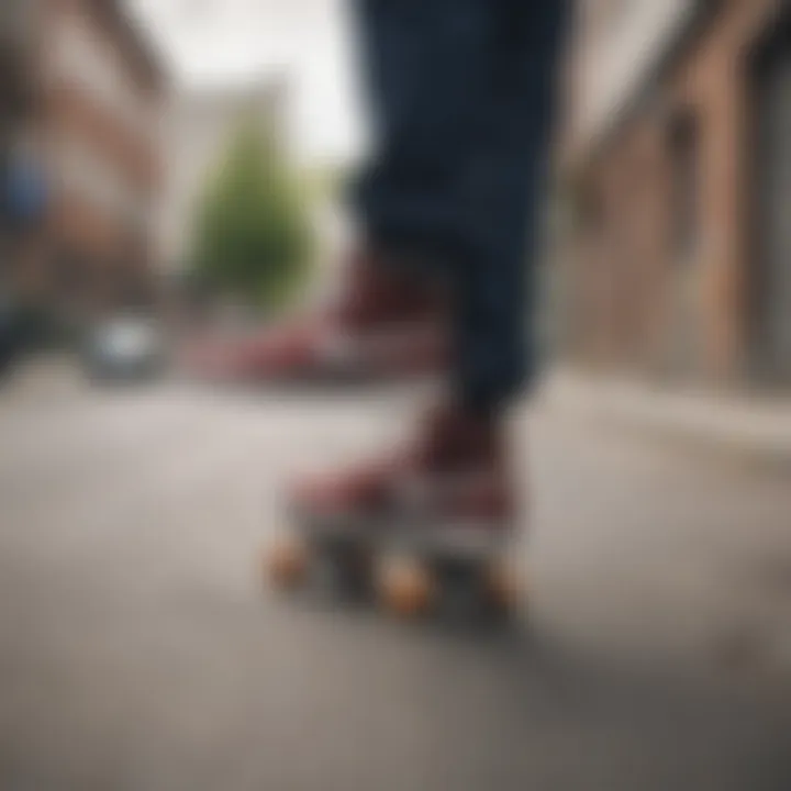 Stylish Nike shoes displayed on a skateboard in an urban setting.