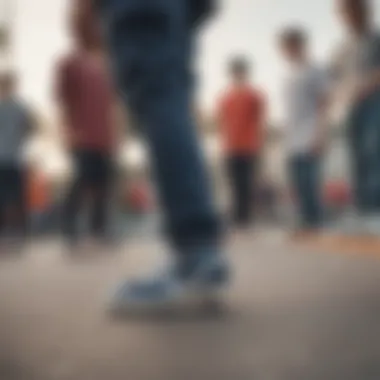 Group of skaters discussing their experiences with Oakmont TR sneakers in a skate park.