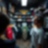 A collection of stylish t-shirts displayed in a vibrant skate shop