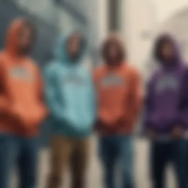 A group of skateboarders wearing matching hoodies, showcasing style