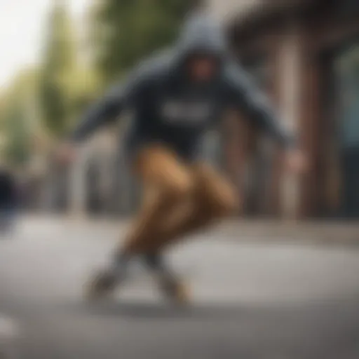 A skateboarder wearing a stylish hoodie while performing a trick