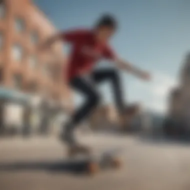 A skater performing tricks on a branded skateboard in an urban setting