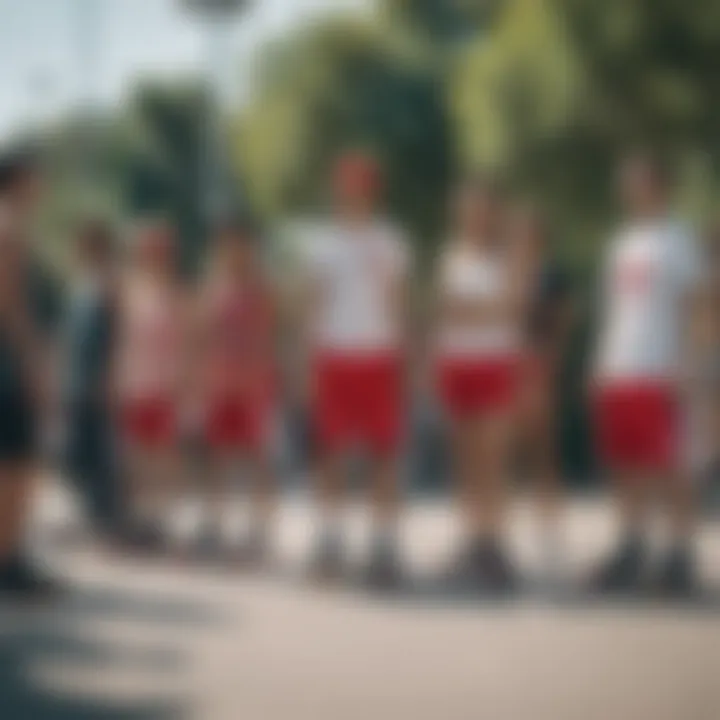 Group of skaters wearing vibrant outfits, including red Adidas shorts