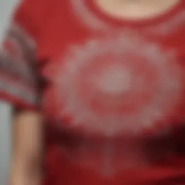 Close-up of intricate designs on a red graphic tee with cultural motifs