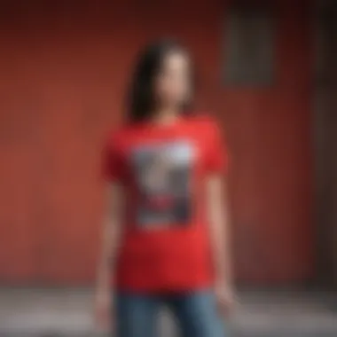 A vibrant red graphic tee displayed against a rustic backdrop