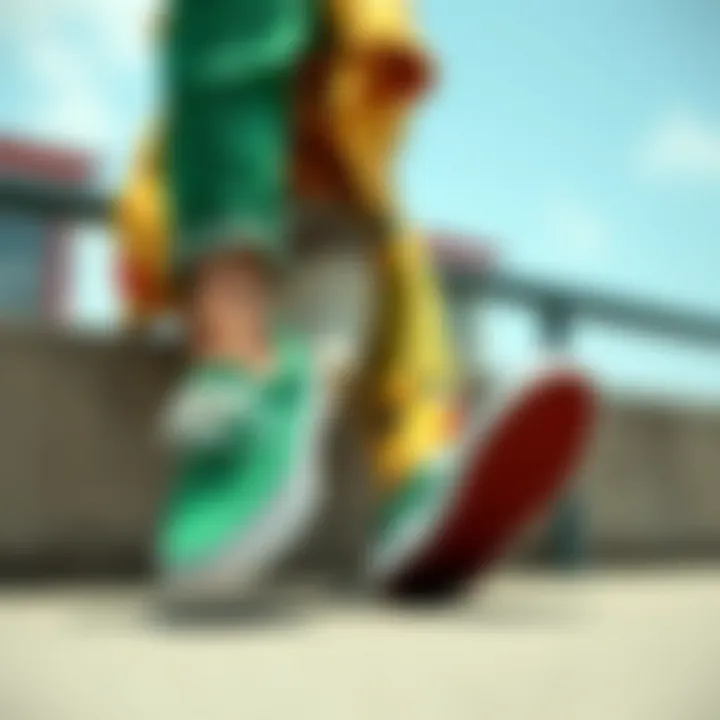 Fashionable outfit pairing with Checkerboard Slip-On Vans in green, demonstrating their versatility in style.