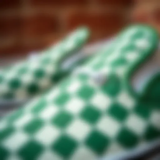 Close-up view of the Checkerboard Slip-On Vans in green, highlighting the unique texture and pattern.
