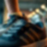 A close-up view of skateboard sneakers showcasing unique design elements and textures.