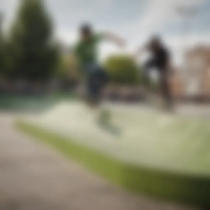 Skaters wearing moss green Vans performing tricks in an urban skatepark