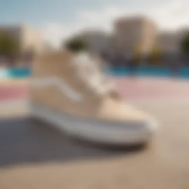 An array of beige Vans displayed against a vibrant skate park backdrop.