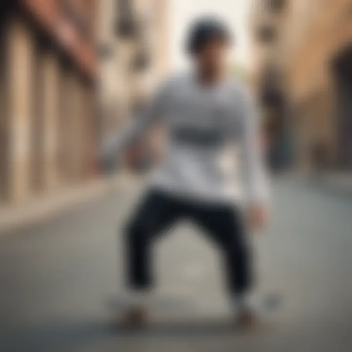 A skateboarder wearing a graphic tee in an urban setting