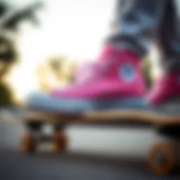 Stylized pink lugged Converse shoes on a skateboard