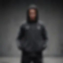A black Adidas jacket displayed against a textured urban backdrop