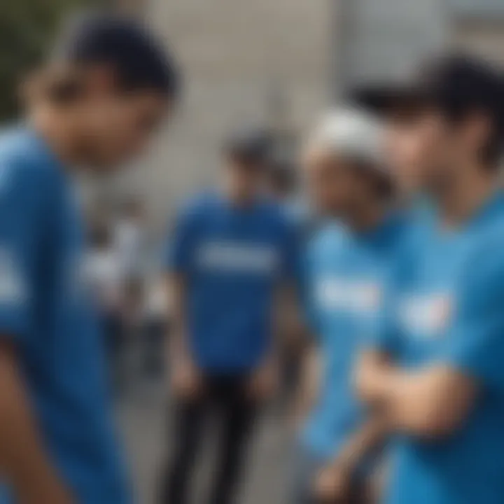 Group of skaters socializing in blue graphic shirts