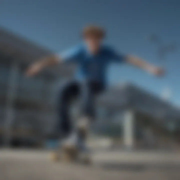 Skater wearing a blue graphic shirt performing a trick