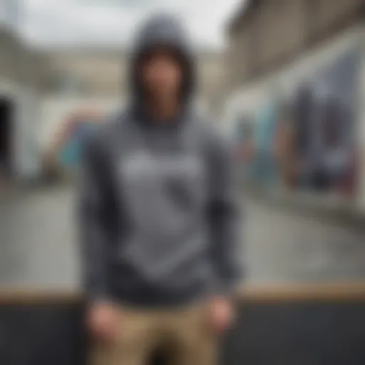 The dark grey Champion sweatshirt worn in an urban skatepark setting