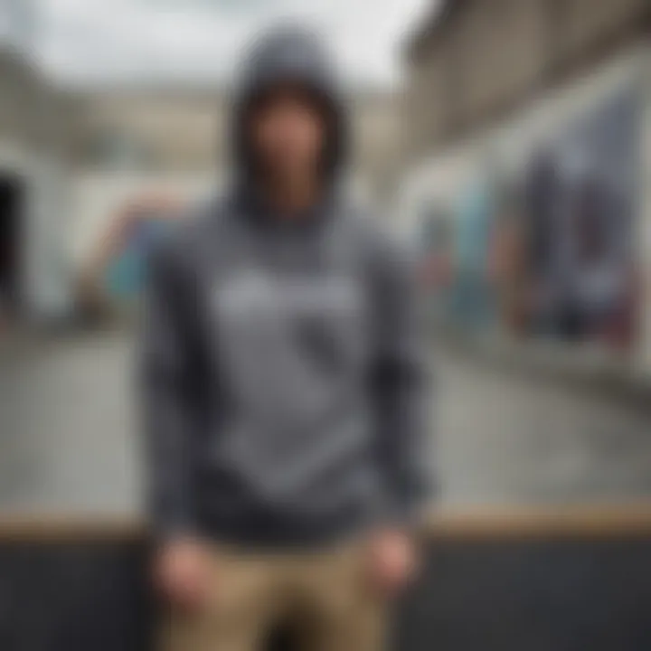 The dark grey Champion sweatshirt worn in an urban skatepark setting