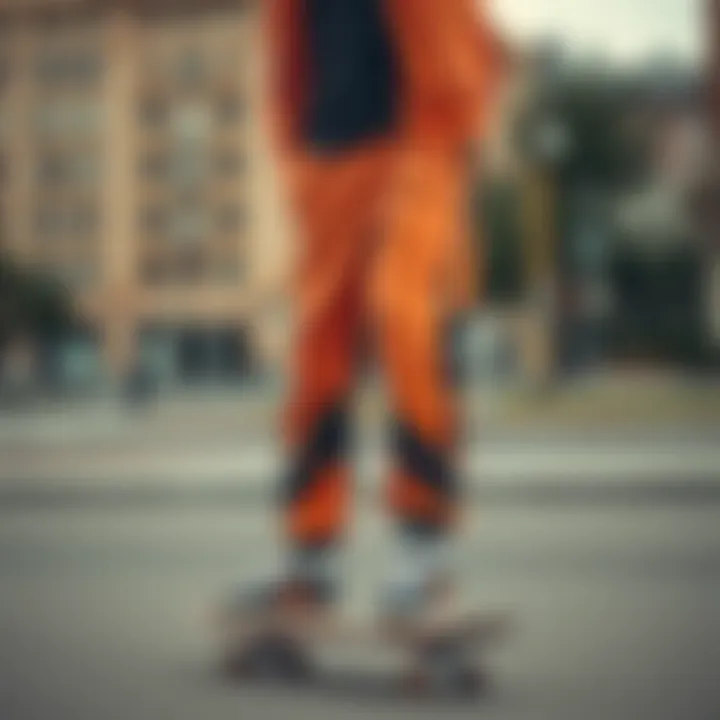 A stylish skateboarder wearing orange and black joggers in an urban setting.