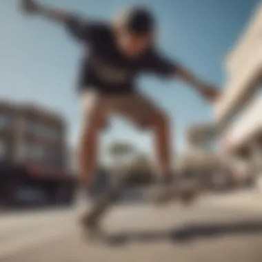Action Shot: Skateboarder in Motion with Stylish Shorts Skateboarder performing a trick while wearing shorts