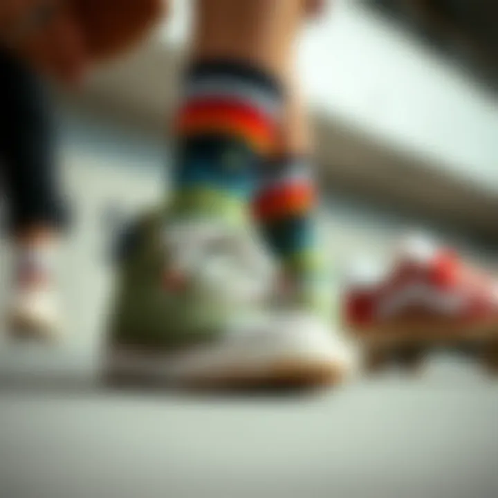 Close-up of skate shoes and colorful socks reflecting personal expression