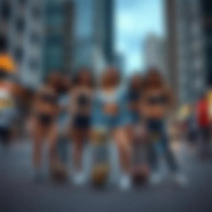Group of skater chicks posing with skateboards in an urban setting
