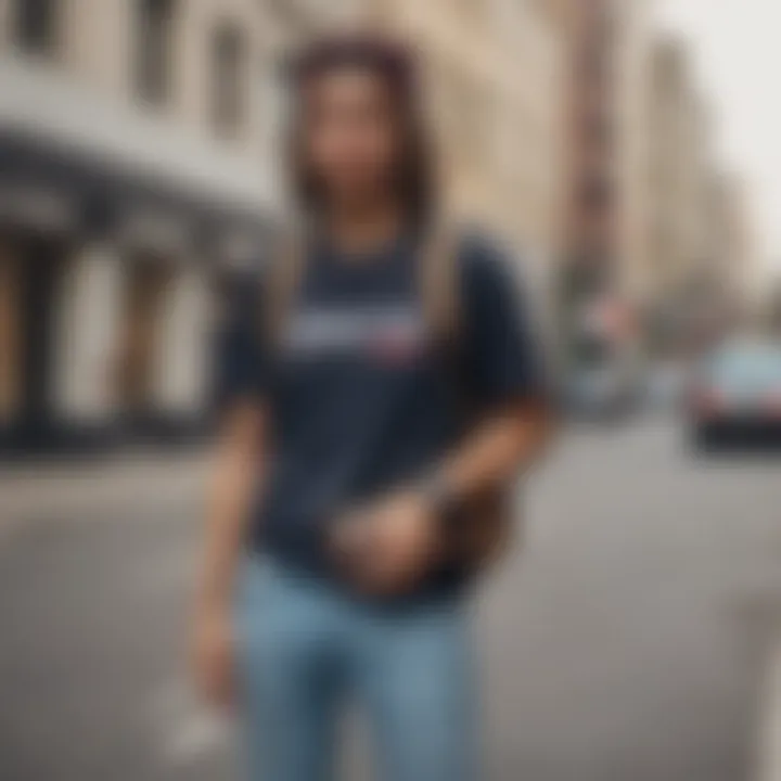 A stylish skateboarder showcasing a fanny pack in an urban setting