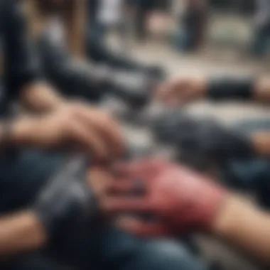 Group of skateboarders discussing their favorite gear, including fingerless gloves