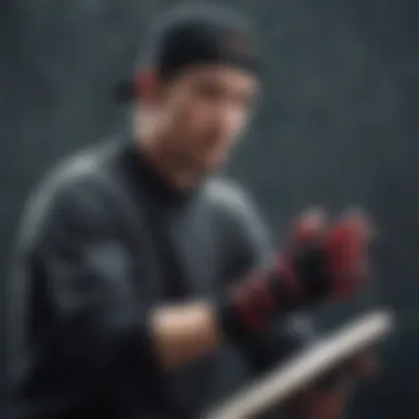 Skateboarder performing a trick while wearing fingerless gloves