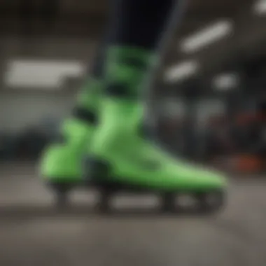 Close-up of vibrant neon green and black socks with skate shoes