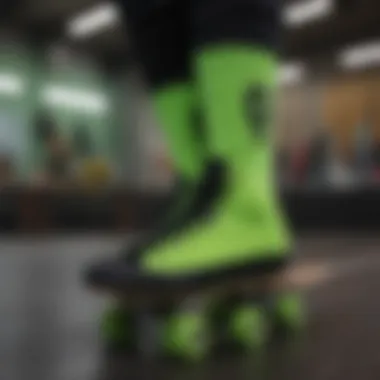 Artistic display of neon green and black socks against a skateboard backdrop