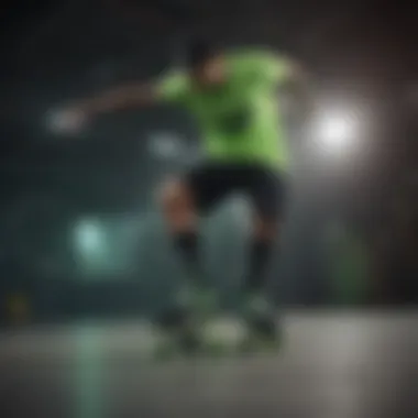 A dynamic skater showcasing neon green and black socks in action