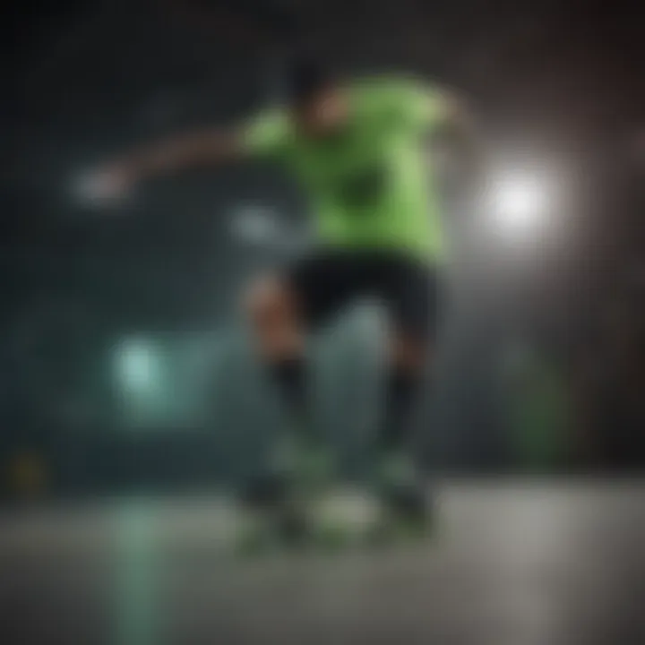 A dynamic skater showcasing neon green and black socks in action